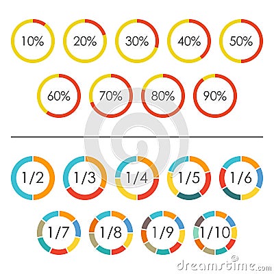 Circle chart set with percentage and pie chart set with 2,3,4,5,6,7,8,9,10 sections, parts or segments. Vector illustration Vector Illustration